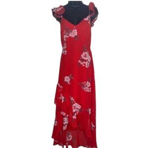 Destination Wedding Guest New Tropical Hi-low Floral Red Ruffle